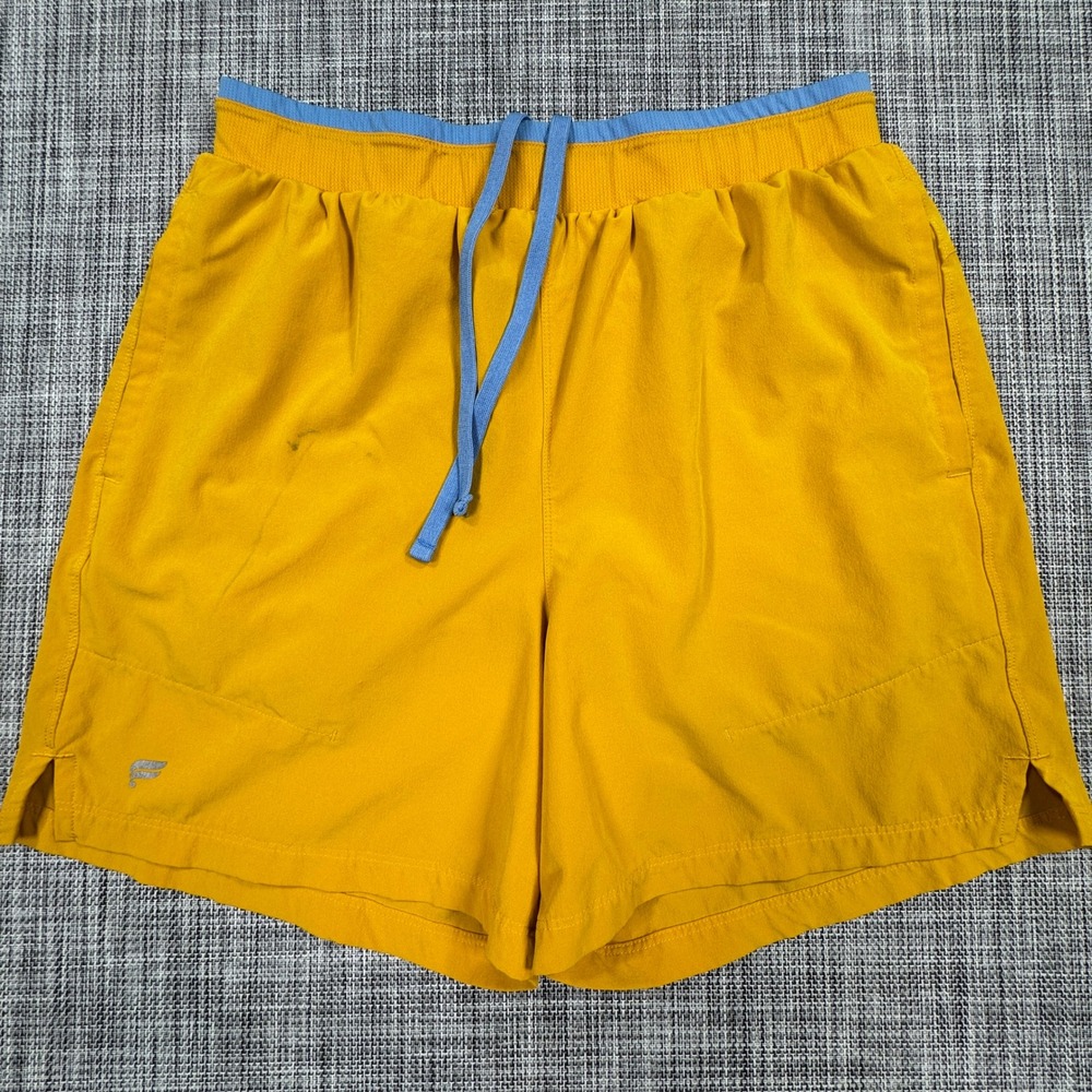 Fabletics Mens Lined Athletic Gym Shorts Medium Yellow Blue Stretch Drawstring